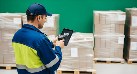 Streamline your operations with this scene of a worker using a tablet and scanner to manage packages in a modern warehouse, ensuring efficient delivery. Green screen background.