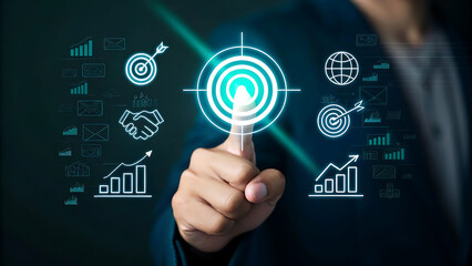 “Businessperson Pointing at Target Surrounded by Global Data and Partnership Icons – Strategy and Achievement Concept”