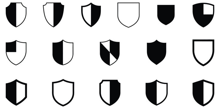Explore diverse shield icons for security, protection, and heraldry needs, perfect for branding.shield vector set black vector design illustrator 