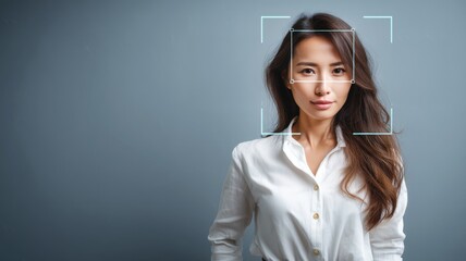 Portrait of a Confident Young Woman with Long Hair Wearing a White Shirt Against a Gray Background