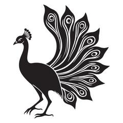 Fototapeta premium Elegant Black and White Peacock Illustration: Intricate Line Art, Ornate Feathers, Majestic Bird Design.