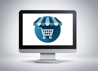 Shopping Cart Symbol on Computer Screen for Online Store and E-commerce Platform Concept