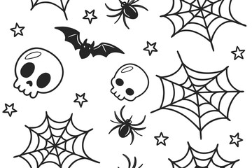 Spooky halloween doodle pattern with skulls bats spiders and cobwebs
