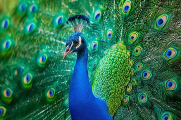 Obraz premium Beautiful male peacock proudly displaying his colorful tail feathers. Stunning bird photography in nature's vibrant palette.