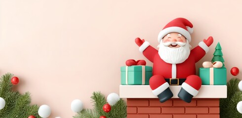 Cheerful Santa Claus on Chimney with Christmas Gifts, Decorative Ornaments, and Festive Greenery Background