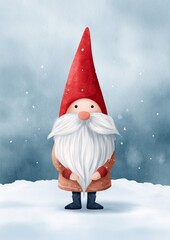 Cute cartoon gnome with red hat and long white beard standing in snow against soft blue background