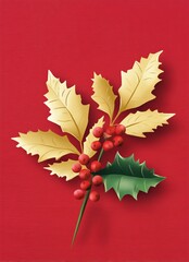 Golden Holly Leaves with Red Berries on a Bright Red Background for Seasonal Decor and Holiday Celebrations