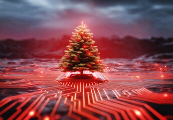 Futuristic Christmas Tree on Circuit Board with Red Glow and Dramatic Sky Background