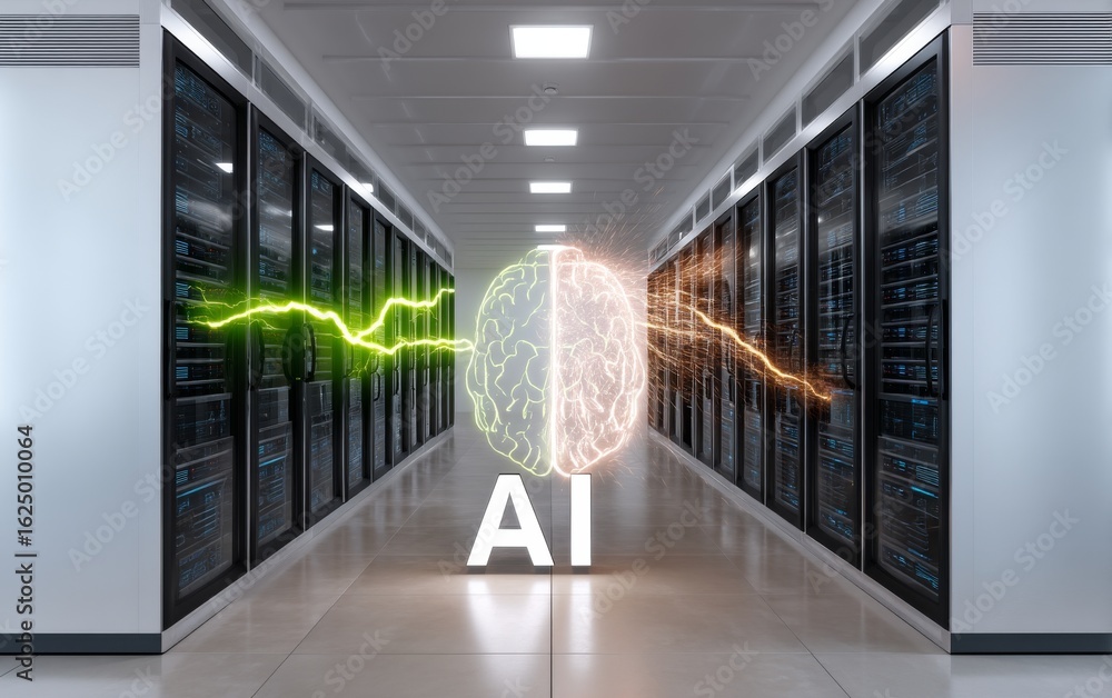 Poster futuristic data center with ai conceptual visualization of brain and energy waves inside server room