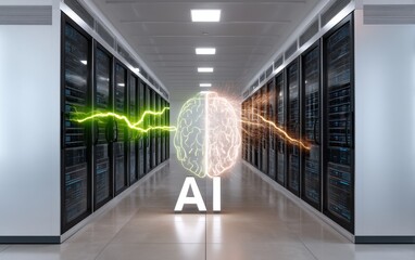 Futuristic Data Center with AI Conceptual Visualization of Brain and Energy Waves Inside Server Room