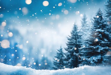 Naklejka premium Snowy Winter Landscape with Evergreen Trees and Soft Bokeh Background for Seasonal or Nature Themes