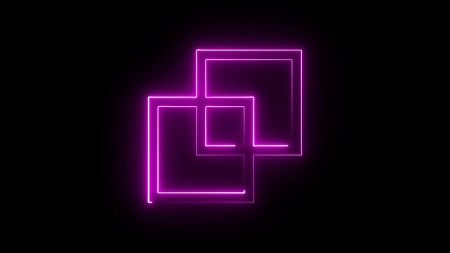 Abstract Glowing saber squire neon frame on purple color on black background. Loop  technology loading animation with processor icon shape on a black background