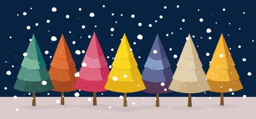 Colorful winter trees with snowflakes in a charming snowy landscape for seasonal holiday themes and decorations