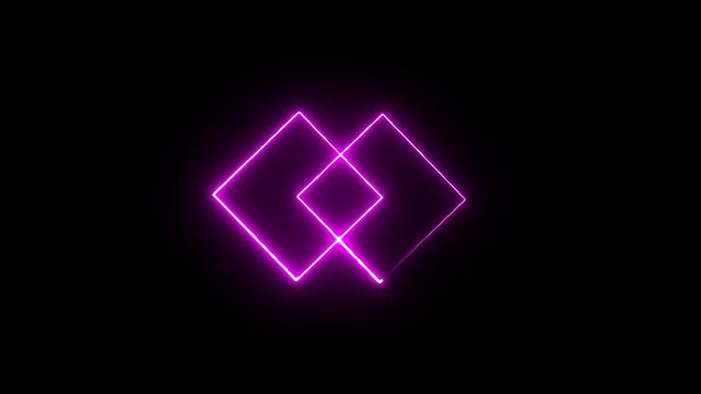 Abstract Glowing saber squire neon frame on purple color on black background . Loop  technology loading animation with processor icon shape on a black background