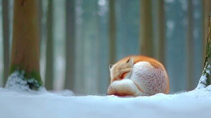 A red fox curled up and sleeping in snow. Wild animal seeks warmth peacefully. Winter wildlife and nature concept for poster.