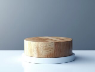 3d podium mockup, blank stage for product presentation. Abstract podium with wooden top standing on white surface. Grey studio background.