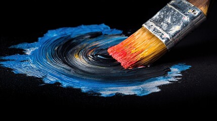 Fototapeta premium A brush with blue, red and yellow on a blank black canvas highlights the brush's work against a dark background. Art creation, color painting, canvas art concept.