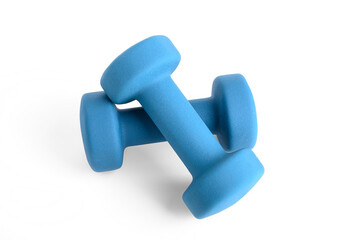 Two light blue vinyl-coated dumbbells are positioned on a clean white surface, perfect for home fitness and strength training routines