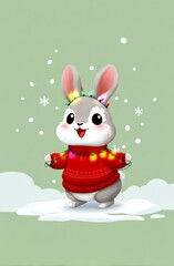 Adorable Cartoon Bunny with Christmas Lights on Snowy Background in Festive Setting