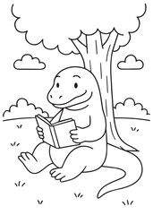 Coloring book Comodo dragon reading a book under a tree in a grassy park.
