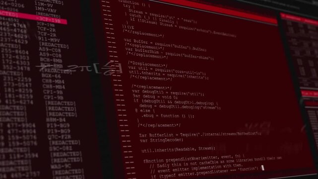 Faint red glow appearing expanding console streaming JS code with math overlay for debugging stream