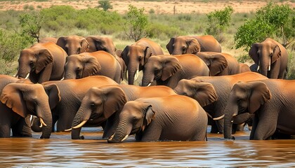 Herd of elephants bathing