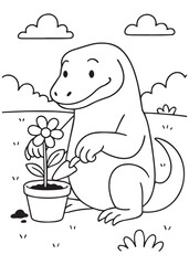 Coloring book Comodo dragon planting a flower in a flowerpot outdoors.