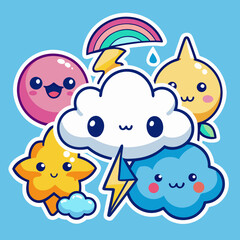 Cute Weather Kawaii Characters on Light Blue Background Featuring Clouds Star Rainbow and More