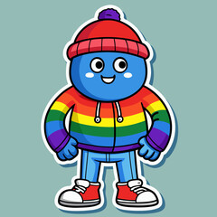 Fototapeta premium Cute Blue Cartoon Character Wearing Rainbow Hoodie Red Beanie and Red Sneakers on Light Blue Background