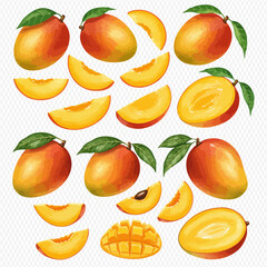 A beautiful hand-painted collection of fresh ripe mangoes, shown whole, cut into slices, and halved.