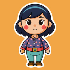 Cute cartoon girl with dark hair wearing a polka dot shirt and green pants illustration