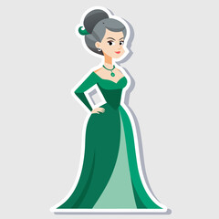 Elegant Cartoon Woman with Gray Hair Wearing a Green Gown and Jewelry with Hand on Hip