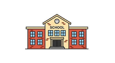 A cartoon school building with a clock and windows on a white background simple illustration