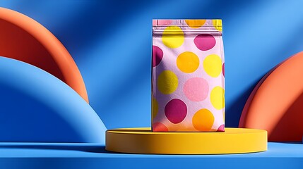Vibrant polka dot patterned container on a yellow pedestal against a blue background