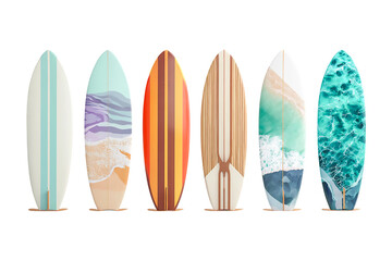 Collection of six surfboards with various designs isolated on transparent background