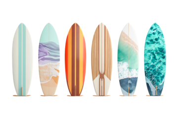 Collection of six surfboards with various designs isolated on transparent background