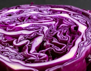 Obraz premium Close-up of a half fresh purple cabbage with tightly layered leaves and vibrant deep violet tones