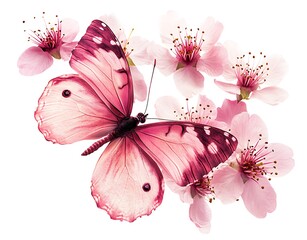 Pink Butterfly and Cherry Blossoms on White Background insect lepidoptera