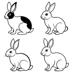 Obraz premium Four outlined rabbits in different poses and patterns including black and white coloring on one rabbit