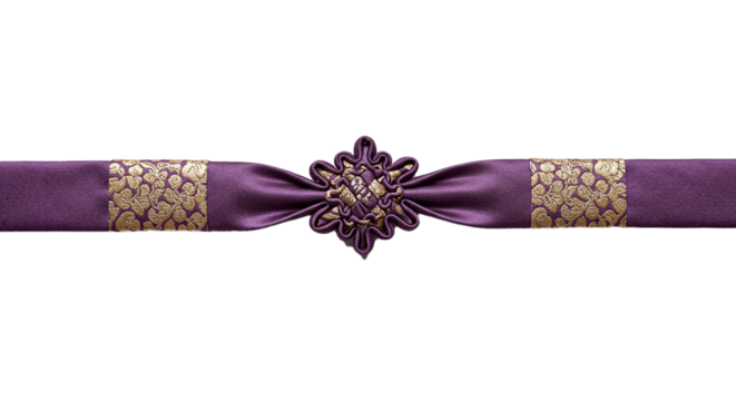 Decorative purple and gold ribbon with ornate center piece on a black background studio shot on transparent background - Powered by Adobe