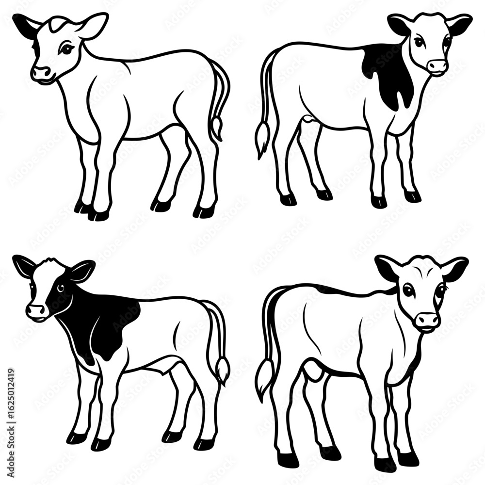 Poster illustration of four calves in different poses with black and white markings in a vector format imag