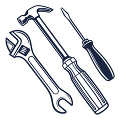 Collection of essential hand tools including a hammer adjustable wrench and screwdriver in a clean graphic illustration
