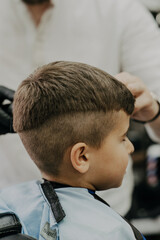 Smiling little boy sitting at barber shop, while hairdresser styling his hair. © Alaphotography