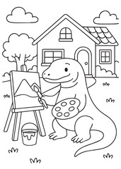 Coloring book Comodo dragon painting on an easel in front of a house.