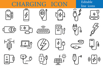 Collection of charging icons for mobile devices, laptops, and watches, isolated on white background