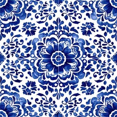 A vibrant blue floral tile pattern on a white background, showcasing intricate designs and artistic elegance.