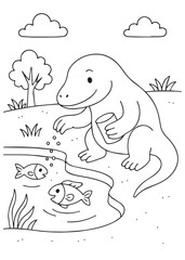 Coloring book Comodo dragon feeding fish in a pond.