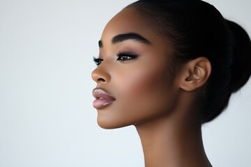 Naklejka premium Profile of a Young Black Woman with Natural Makeup on White Background female face