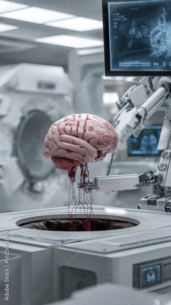 Poster human brain with artificial nerves growing into soil, supported by robotic arm in futuristic lab for