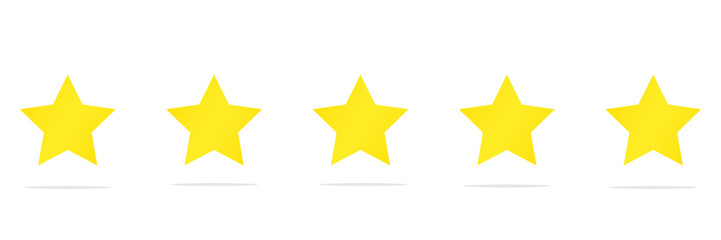 five star customer product review icon. Yellow 5 star rating feedback.